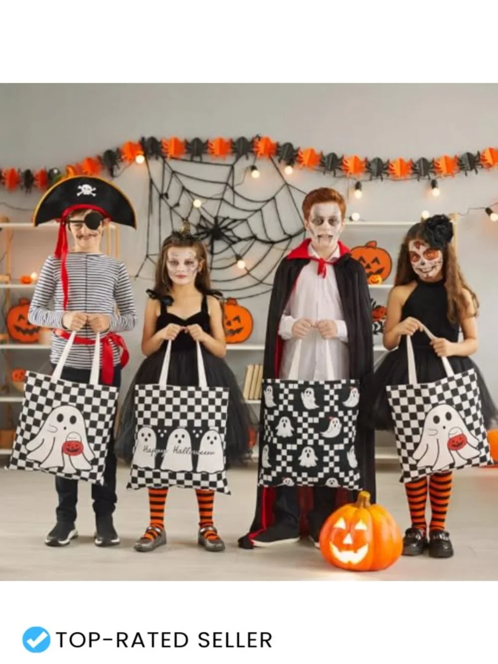 Set of 3 Halloween Checkerboard Ghost Tote Bags Canvas Trick or Treat Candy
